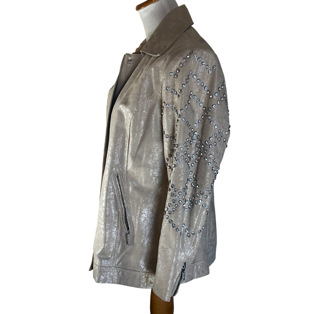 Bradley Bayou Women's Shimmering Beige Silver Studded Leather Jacket Size Medium - Picture 3 of 11